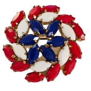 Red White Blue Patriotic Germany Or Austria Rhinestone Round Spiral Brooch L280